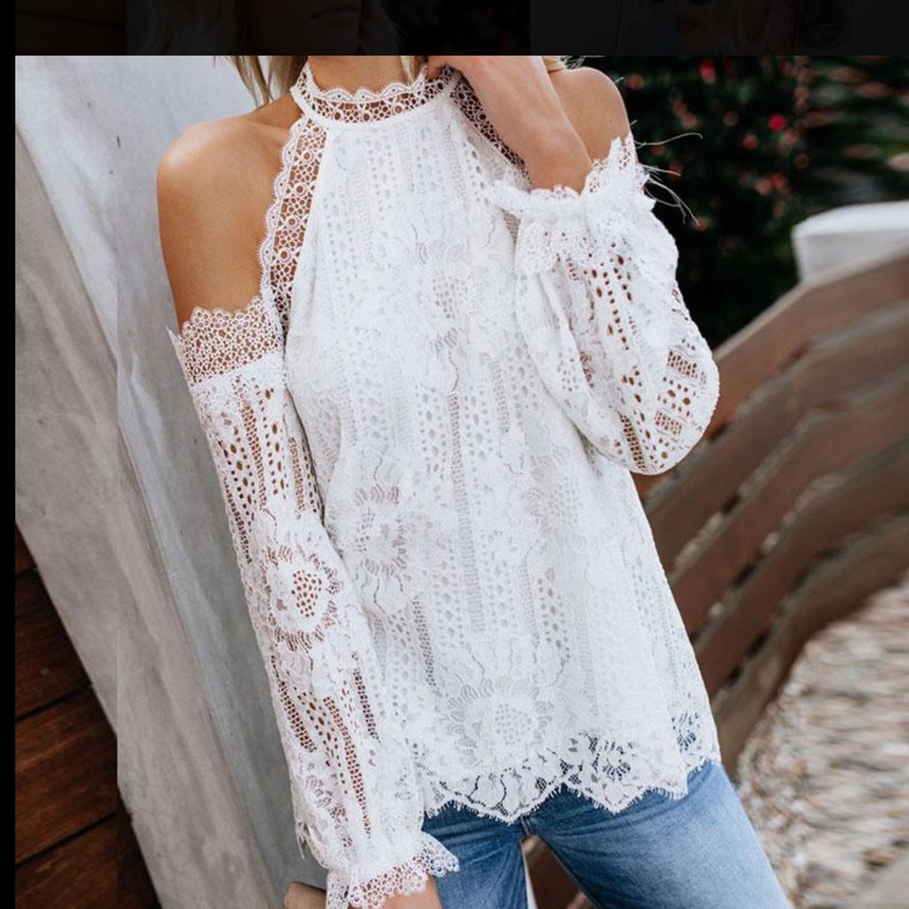 White Lace Long Sleeve Cold Shoulder Blouse